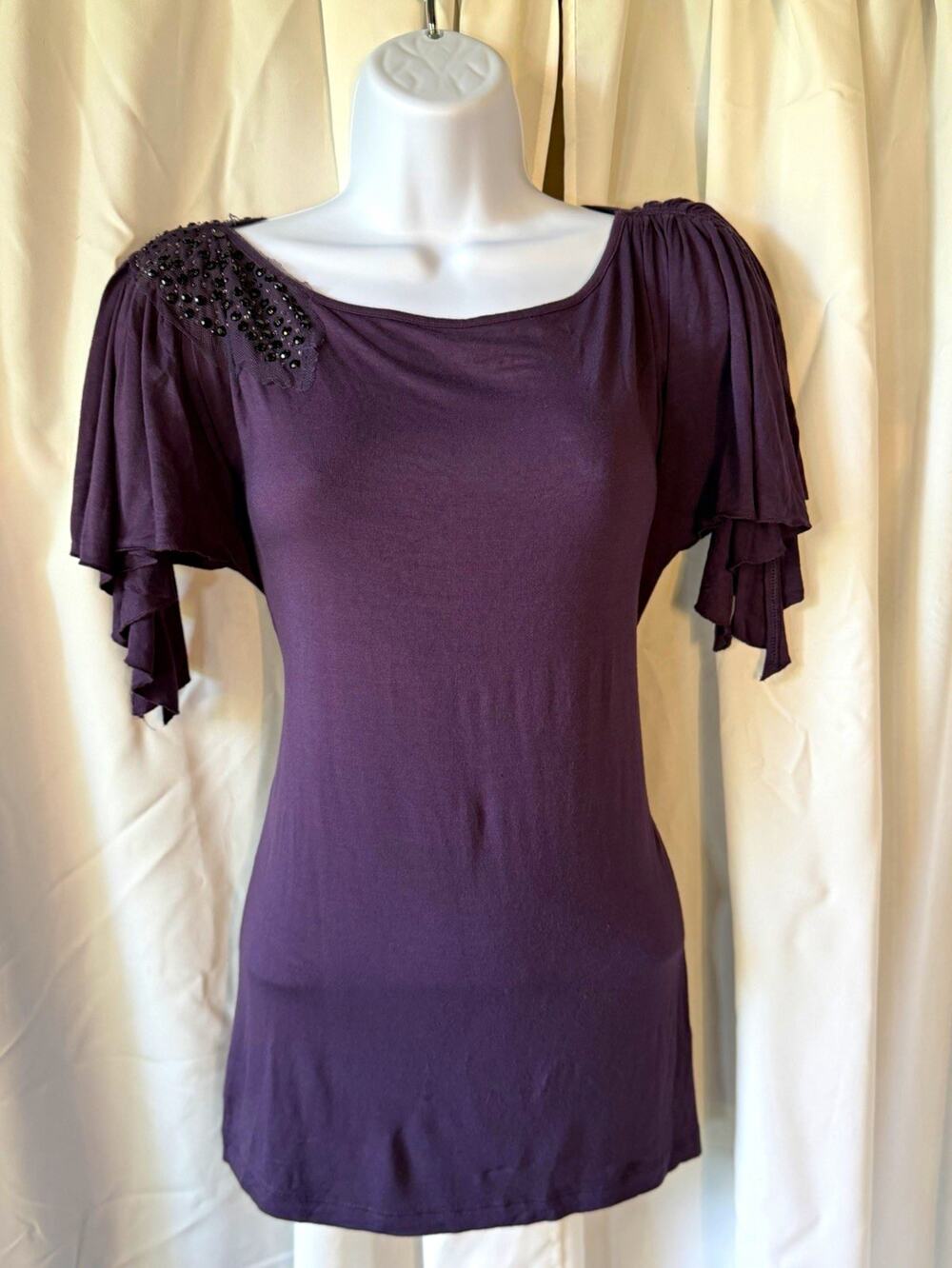 Vintage Y2K Caché Purple Cowl Neck Sequin Shoulder Flutter Sleeve Top S / M